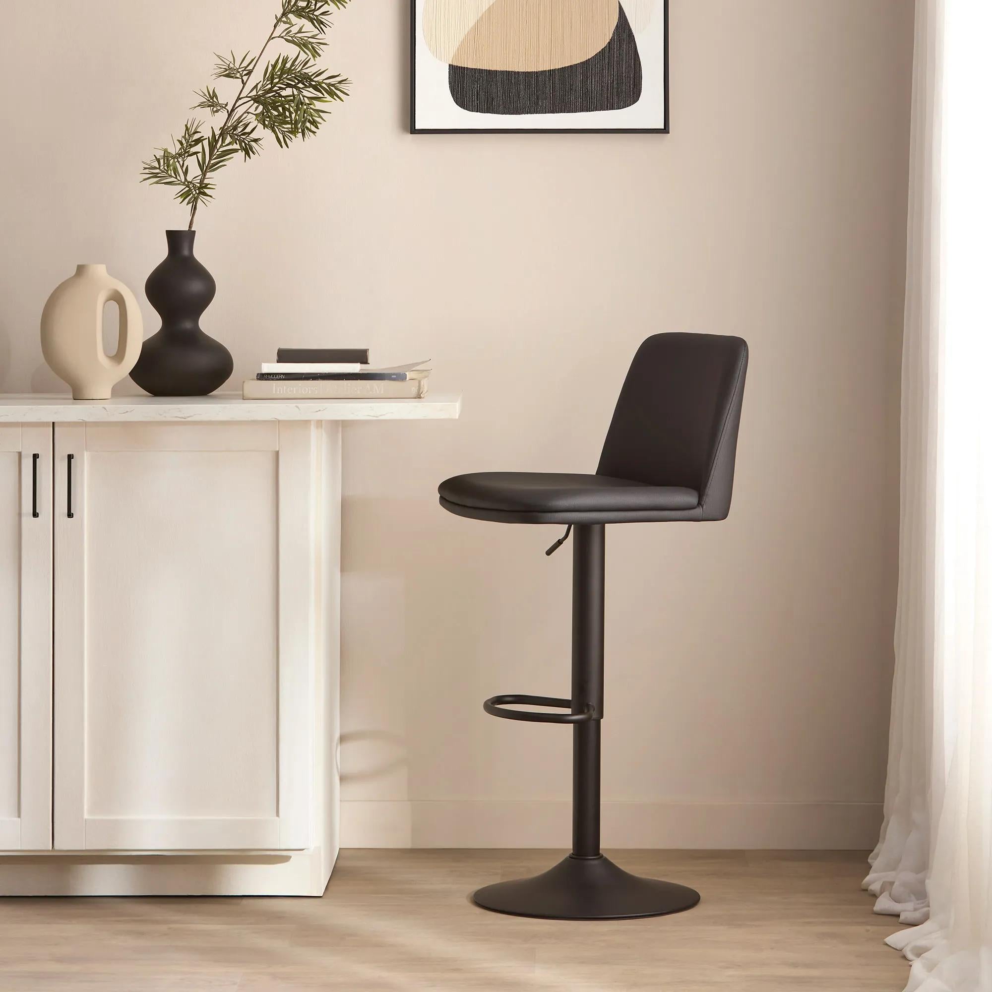 Black Faux Leather and Metal Bar Stool